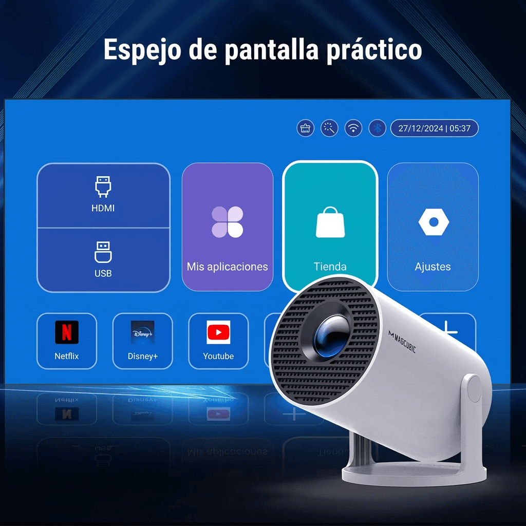 Proyector HY300Pro delante de su menú Android con Netflix, Disney+ y YouTube