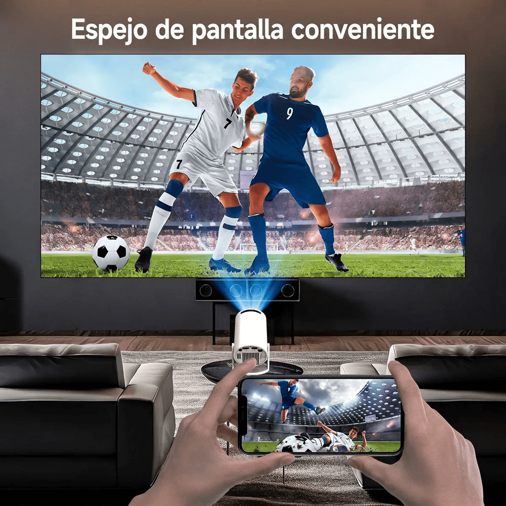 Manos con un móvil enviando un partido de fútbol a la pared del salón
